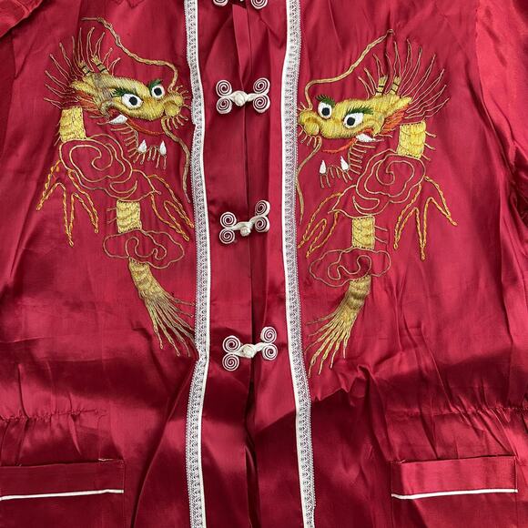 Vintage 70s Chinese Satin Dragon Embroidered Jacket Red Mandarin Collar Small - Picture 6 of 7